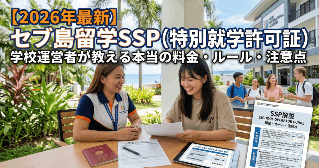フィリピン留学で必須のSSP（特別就学許可証）を、セブ島で10年間学校を運営する立場からゼロから解説。本当の費用は9,700ペソ。ただし学校によって請求額が違います。その理由は「手数料」。費用の内訳・学校間の料金差まで、初めての方にも分かりやすくまとめました。