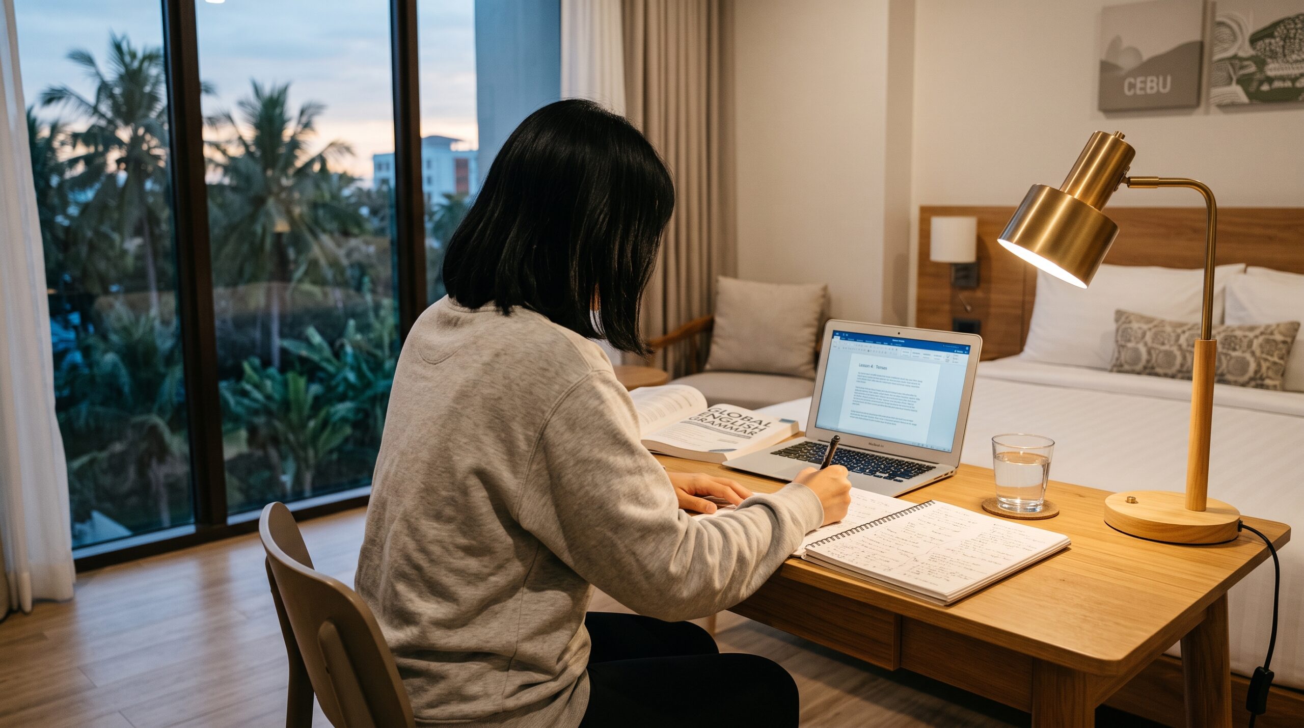 セブ英語倶楽部の受講生がホテル自室で復習する様子｜社会人女性のセブ留学