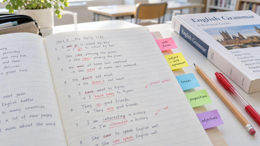 赤ペンの直しと付せんが入った英語のノート(2週間の留学で自分の課題が見えてくるイメージ)