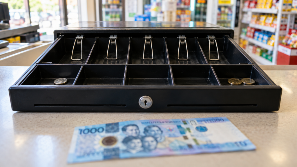 小銭しかないレジの引き出しと1,000ペソ札のイメージ